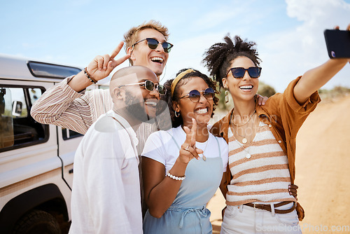 Image of Travel, friends and peace selfie on smartphone for South African safari bonding memory together. Holiday people in diverse friendship capture memories on road adventure with mobile photograph.