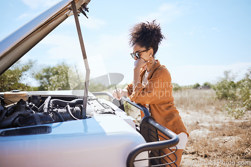 Image of Road trip, engine and woman with car problem during holiday in nature. Sad African girl with anxiety about accident, battery fail and emergency with transportation while on a safari in Africa