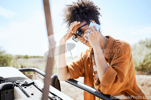 Image of Phone call, car, and woman talking about problem with transport on road trip in nature. Girl with stress speaking to insurance on mobile about accident or transportation emergency in South Africa