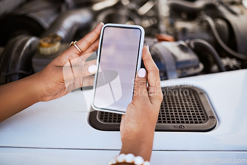 Image of Phone, mockup, with hand of black woman and communication and networking with car service for emergency. Search mobile app, empty and smartphone 5g technology to contact us and with internet access.