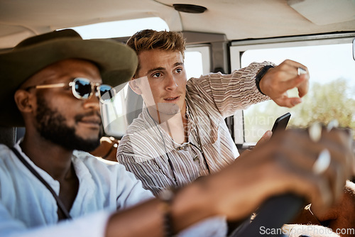 Image of Travel, pointing and diversity friends in car for road trip, fun adventure and friendship tour of Australia safari. Relax, vacation, or young people in motor vehicle for transport, freedom or holiday