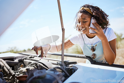 Image of Car trouble, phone call and woman call for help on road trip, stuck a street and looking at the engine. Stop, stress and anxiety with black woman in the countryside, nervous driver traveling alone