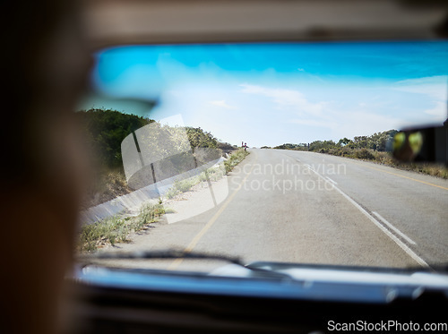 Image of Road, windscreen and travel in South Africa for vacation adventure or journey in the outdoors. Traveling street in nature freedom for summer trip or leave the countryside for a new start