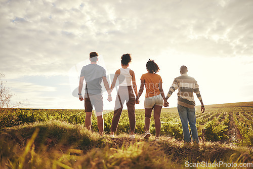 Image of Farm, ecology and sustainability people holding hands for love, earth day care and support with nature and cloud sky mockup. Friends farming experience or countryside travel with hope for agriculture