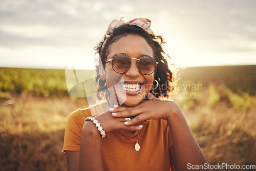 Image of Face smile, black woman and countryside sunglasses, summer vacation or holiday. Portrait, travel and happy female from Brazil having fun outdoors, freedom and relax in nature enjoying time alone.