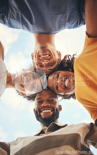 Image of Circle, friends and portrait of happy group of people with smile on their face, having fun. Diversity, friendship and summer adventure selfie looking down, support in multicultural team on holiday