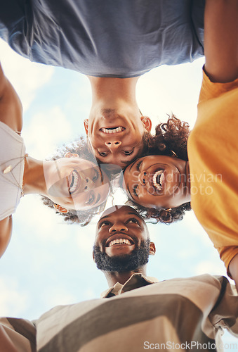 Image of Friends, travel and freedom of happy people showing trust, smile and support in huddle below nature sky on adventure for fun and joy outdoors. Diversity men and women travelers free on summer holiday