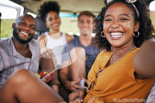 Image of Road trip, travel and friends selfie in van for countryside adventure, holiday or vacation with happy portrait. Young diversity group people or couple relax in car for nature journey photo memory