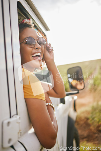 Image of Countryside, travel and road trip black woman with sunglasses and portrait for journey, transport and trendy gen z fashion. Summer, vacation and holiday drive in nature with sky mock up