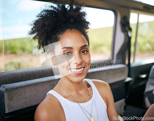 Image of Happy, black woman and nature travel smile of a traveler on a road trip adventure in a car. Portrait of a female face from Houston ready for freedom, happiness and holiday fun in motor transport