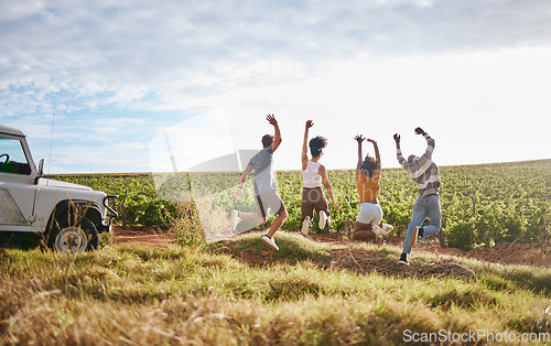 Image of Jump, freedom and friends in a field in nature while on a summer road trip vacation in the countryside. Group, travel and happy people with energy on a outdoor holiday break in south africa.