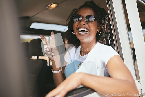 Image of Woman, smile and road trip show peace in car, pickup or truck for vacation, holiday and relax. Girl, happy and smile in portrait in jeep, vehicle or van on travel on road, street or highway in Africa