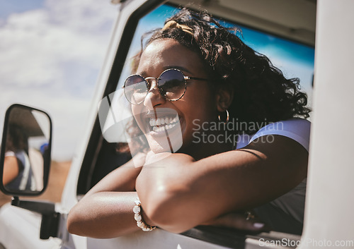 Image of Black woman, happy road trip and car travel of a person sitting in a motor ready for a summer vacation. Transport traveling of a female from Jamaica with happiness and smile feeling fun in the sun