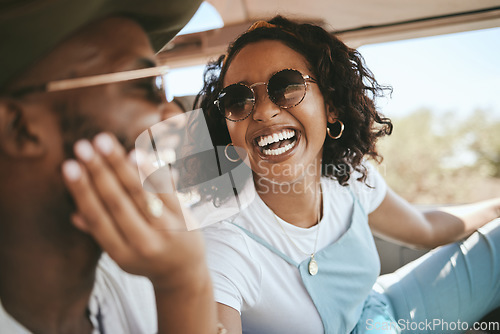 Image of Love, black couple and road trip driver, vacation or summer holiday. Happy, smile and man, woman and travel in car bonding, fun and spending quality time together on romantic getaway in happiness.