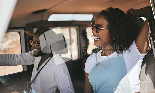 Image of Road trip, driving and black couple drive to travel on a summer vacation with a smile. Happy girlfriend and boyfriend laughing together using motor transport for a getaway with love and happiness