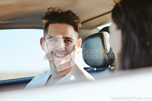 Image of Embrace, smile and couple driving in a car for roadtrip holiday together in Costa Rica. Young man and woman with affection, happy on love vacation and drive with motor transportation for peace