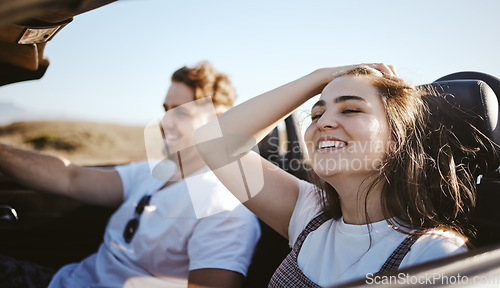 Image of Road trip couple, summer vacation and freedom sunshine, relax and adventure in Miami Florida. Traveling woman, driving man and happy journey drive, date and holiday together in auto convertible car