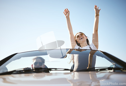 Image of Summer, freedom and travel with couple in car for road trip adventure together for holiday, happy and transportation. Smile, lifestyle and vacation with woman and man driving for love and journey