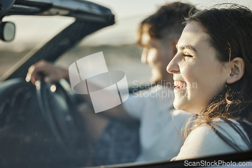 Image of Road trip couple, summer freedom and holiday sunshine, relax and adventure in New Zealand. Traveling woman, driving man and happy journey, date drive and vacation together in convertible motor car