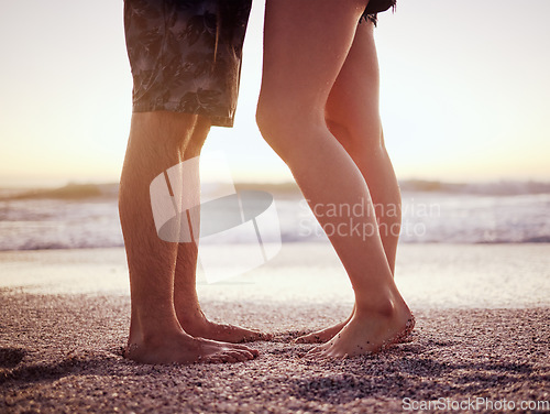 Image of Summer, love and beach with legs of couple at sunset together for support, travel and happy on Miami vacation. Goals, vision and relax with man and woman on holiday for trust, date and nature