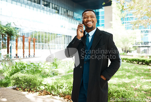 Image of Black man talking phone call, city business and corporate communication outdoors. Happy ceo, smile manager and african entrepreneur with vision, motivation and success speaking on mobile technology