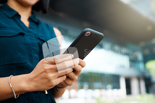 Image of Phone, hands and woman web networking or communication browsing on social media. Young black female sending email, reading online news and texting sms or 5g internet technology messaging app