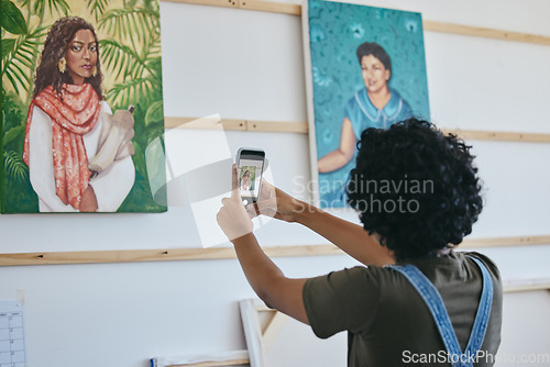 Image of Art gallery, smartphone and black woman with painting taking photo for social media, website or digital advertising. African artist portrait design canvas, cellphone photography for commercial sales