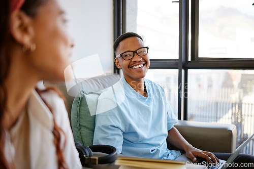 Image of Happy students, teamwork or education man with smile on laptop in school, college or university classroom. Smiling, laughing or excited male on sofa for learning, study or comic conversation in Miami