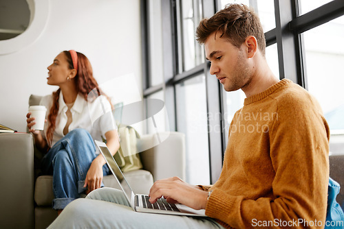 Image of Student learning, research planning with laptop and education stratergy collaboration team for group project. University man reading or studying online, sending email and woman sitting on sofa