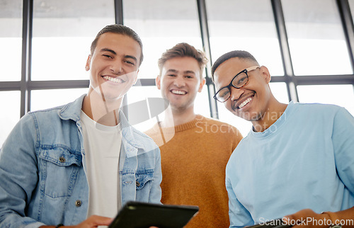 Image of Study, digital tablet and students or friends portrait happy with course information, university group project or collaboration teamwork. College men with technology for online learning app together