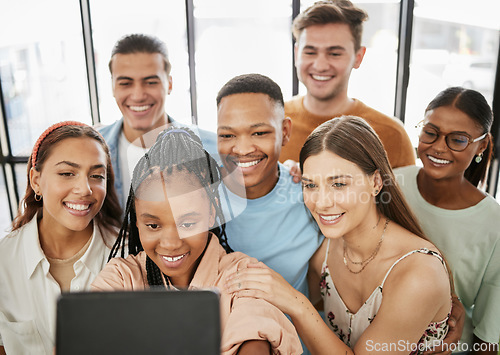 Image of Selfie, diversity and group of friends happy, smile and relax on fun day, catch up and being together. Top view, multiracial and student team hang out ready for good time, connection and conversation