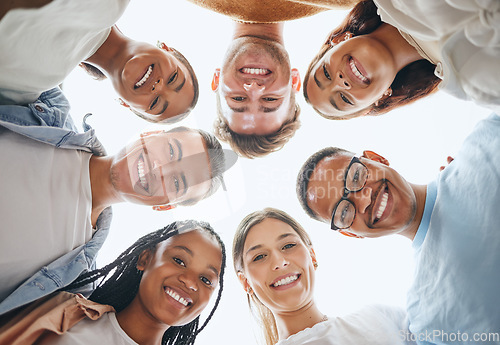 Image of Diversity, group and portrait of people from the bottom with happiness in collaboration outdoors. Team building, community and happy friends with a smile standing and networking in a circle outside.