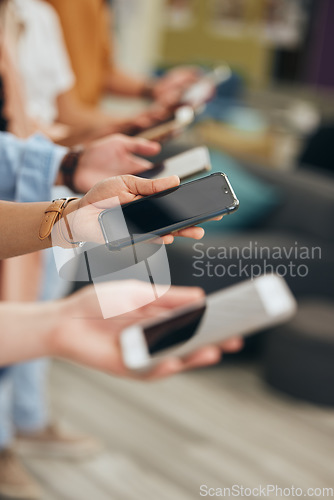 Image of Social media, hands and row of smartphone people for internet app communication or wifi streaming. Phone consumer group holding device for digital leisure and online entertainment in a line