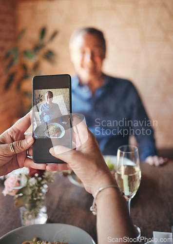 Image of Happy man, phone screen and photograph in restaurant, cafe and fine dining lunch food for birthday, anniversary and dinner celebration. Couple coffee shop date, senior guy smile and mobile picture