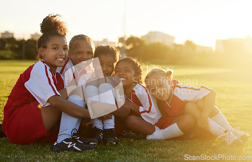 Image of Girl kids, soccer field and team portrait together for competition, game and summer training outdoors in Brazil. Football club, happy young children and sports diversity in development, youth and fun