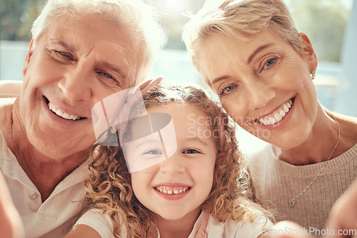 Image of Phone selfie, grandparents and girl child family love to smile, happy and bonding together in support, care and happiness. Excited kid, retired senior grandma and grandfather take social media photo