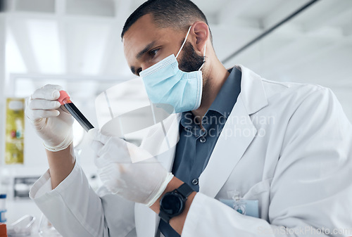 Image of Covid, test tube and scientist in face mask doing research for medical dna, rna and data. Science expert working with vial of blood for analysis, tests and medicine innovation in pharmaceutical lab.