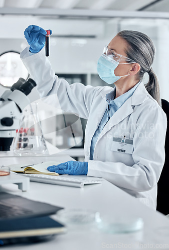 Image of Scientist, pathology and blood or DNA science woman working in a lab for covid research, innovation and cure with sample test tube. Analytics and medical breakthrough with safety female in laboratory