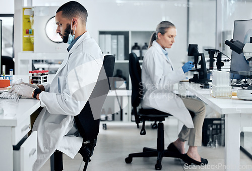 Image of Science, covid innovation and scientist people working in research biotechnology laboratory. Diversity expert woman and man with corona virus, dna or healthcare project test results and analysis tech