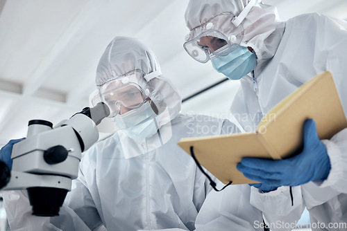 Image of Scientists hazmat suit, microscope and laboratory research planning, dna test and corona virus vaccine development. Professional science team, medical workers and healthcare analysis in safety ppe