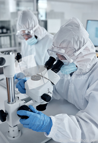 Image of Research, covid hazmat or dengue scientist work in a medical staff lab in a hospital or clinic. Science, microscope and working laboratory workers with technology for disease analysis and innovation