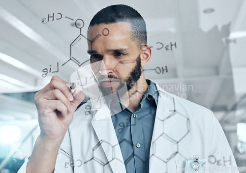 Image of Science, glass board and man writing a chemistry equation, formula or algorithm for medical research in a laboratory. Chemical innovation, scientific evolution and expert scientist working on idea