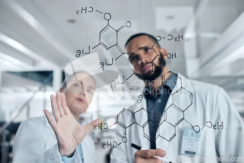 Image of Scientist team writing glass formula, planning particles and math innovation ideas in research laboratory. Science experts, chemical analytics development and molecule test solution notes on window