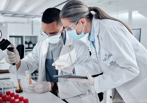 Image of Science team, blood sample and dna analysis, laboratory research and medical investigation. Scientist collaboration, dropper and test tube for chemistry, medical genetics and healthcare covid vaccine