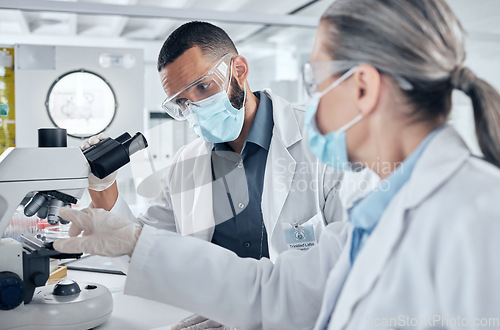 Image of Science, teamwork and research with a lab partner using microscope. Man and woman scientist doing lab test, biotechnology and medical analytics in laboratory. Working with medicine in healthcare team