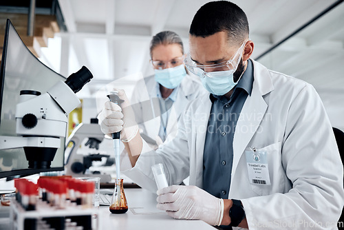 Image of Scientist, blood sample and dna analysis, laboratory research and medical investigation. Expert science staff team, dropper and test tube for chemistry, genetics and healthcare vaccine in medicine
