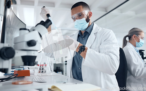 Image of Covid, lab mask and vaccine research man with medicine analysis test tube in medical facility. Development, innovation and professional expert working on new coronavirus breakthrough cure.