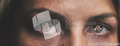 Image of Mental health woman sad eyes closeup of anxiety, depression and crying for help from stress, anger and worry. Frustrated, mad and angry depressed girl tired and suffering from pain and crazy problems