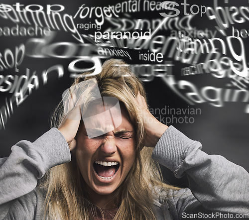Image of Anxiety, schizophrenia and woman with mental health, stress and paranoid bipolar mindset screaming in pain and anger. Depression, psychology and angry girl frustrated with thinking crazy and negative