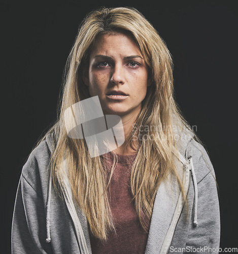 Image of Portrait of woman with dark mental health, drugs addiction or depression over alcohol problem, life mistake or bad lifestyle. Anxiety, cocaine rehabilitation or sad depressed girl on black background